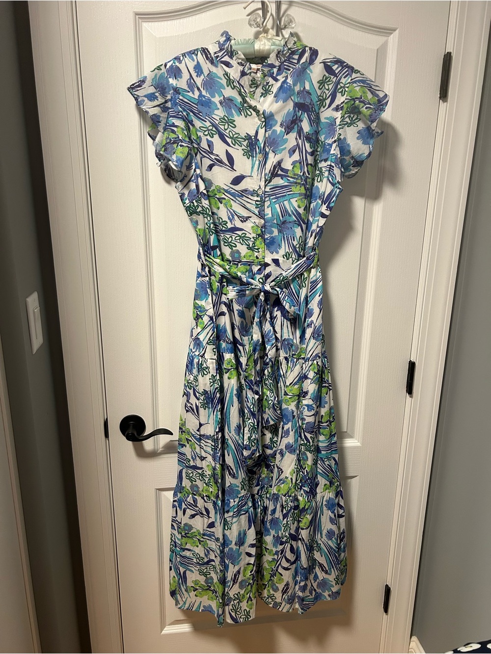 Jude Connally Blue, Green & White Floral Tie-Waist Midi Dress